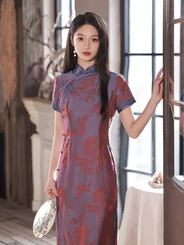 Элегантный фиолетовый цветочный принт Qipao Mandarin Collar Cheongsam Vestidso Китайское платье Атласное вечернее платье