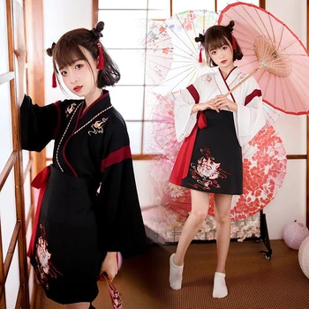 Японское новое платье и кимоно Женская черно-белая юбка с вышивкой кошки Винтажная азиатская одежда Набор из 2 предметов