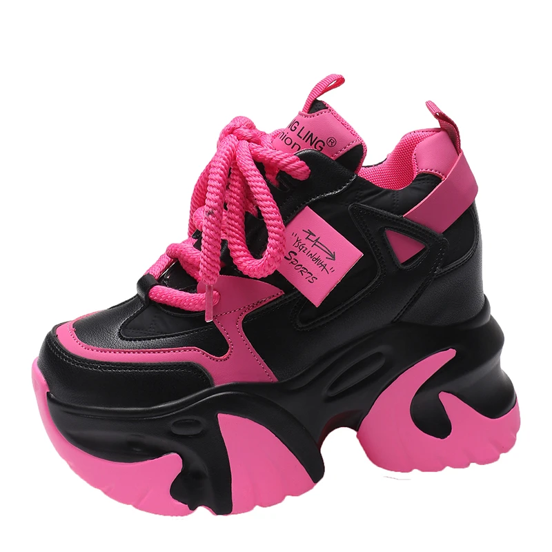 2023 Новые осенние массивные кроссовки на шнуровке Женщины Повседневная кожаная обувь на высокой платформе 10 см Клинья Скрытые каблуки Обувь для отдыха Женщина