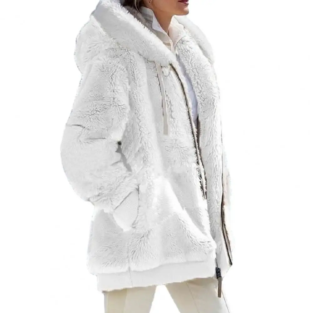 Женское пальто свободного кроя Теплое плюшевое пальто с капюшоном Стильная осенне-зимняя женская куртка с длинным рукавом Планка на молнии для женщин