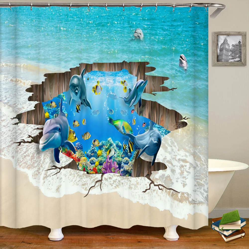 Занавески для душа Океан Дельфин Морской мир Животное Водонепроницаемая ткань Ванная комната Занавеска для душа Милые рыбки большой размер 300X180 Экран