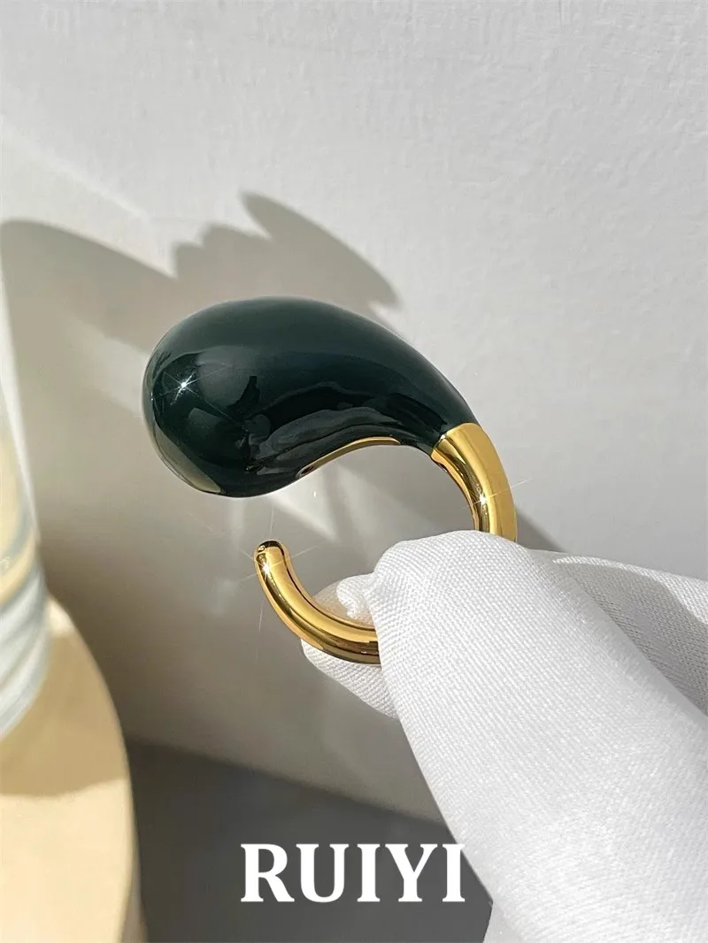  Зеленая эмаль Большие открытые кольца в форме капли Латунь для женских ювелирных изделий 2023 Новая мода