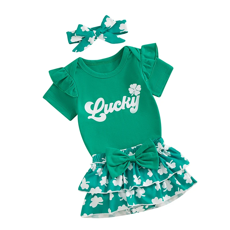Комплект шорт для девочек Комбинезон с коротким рукавом и буквами с трилистником и повязкой для волос Летний наряд
